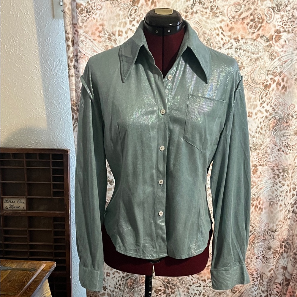 Elegant Metallic Green Button-Down Shirt